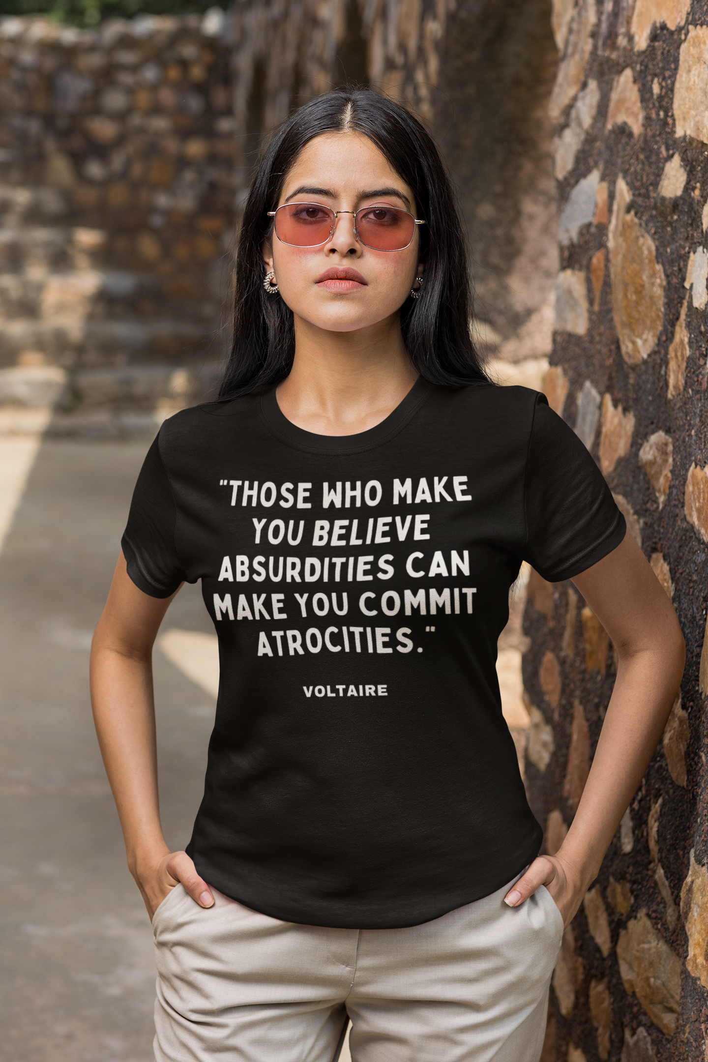 Voltaire French Philosopher Quote Tshirt "Those who make you believe absurdities can make you commit atrocities."