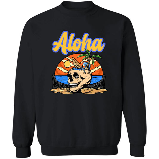 Aloha Surfer Sweatshirt, Beach Lover Hawaii Aloha Sweatshirt, Beach Skull Palm Trees Surfboard Sweatshirt