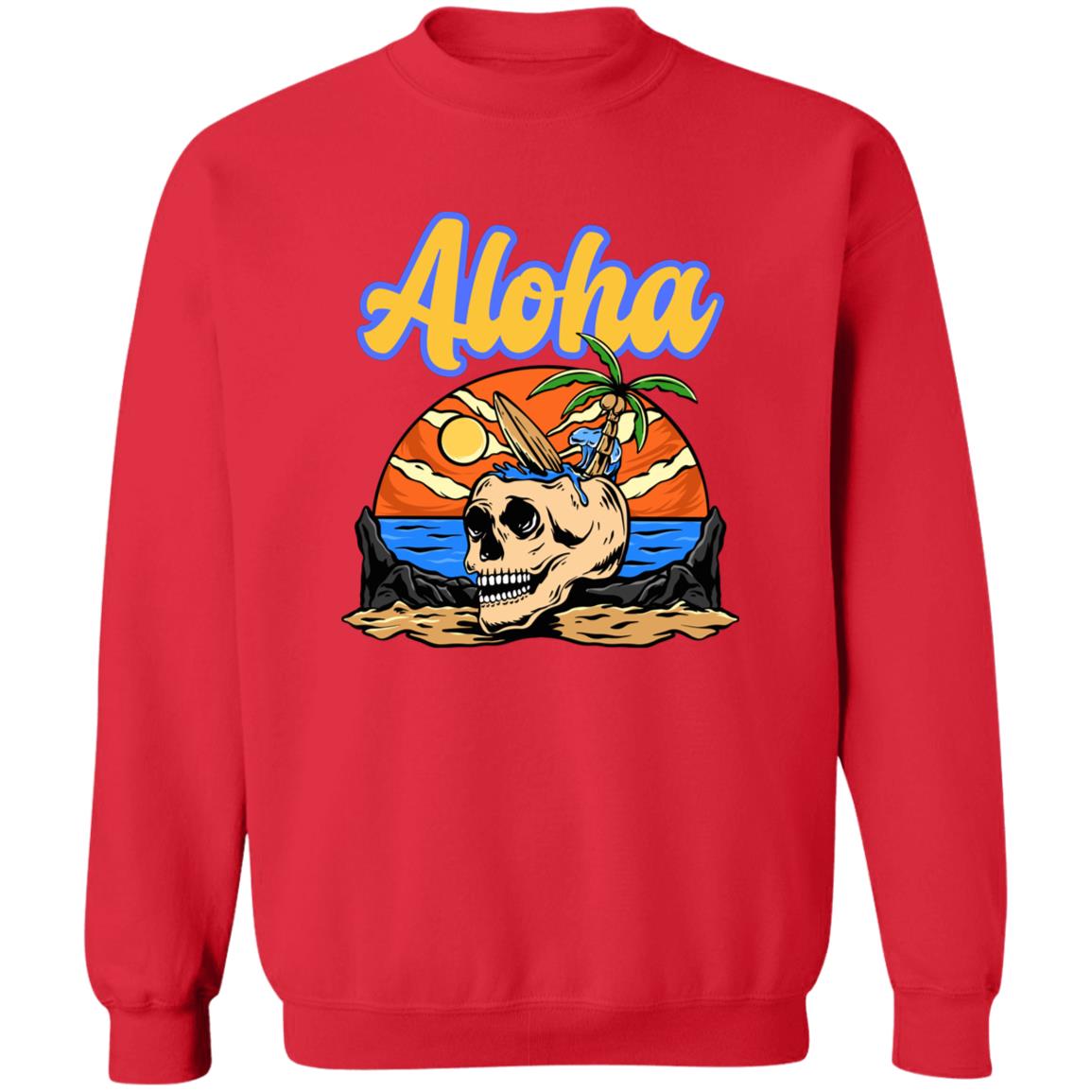 Aloha Surfer Sweatshirt, Beach Lover Hawaii Aloha Sweatshirt, Beach Skull Palm Trees Surfboard Sweatshirt