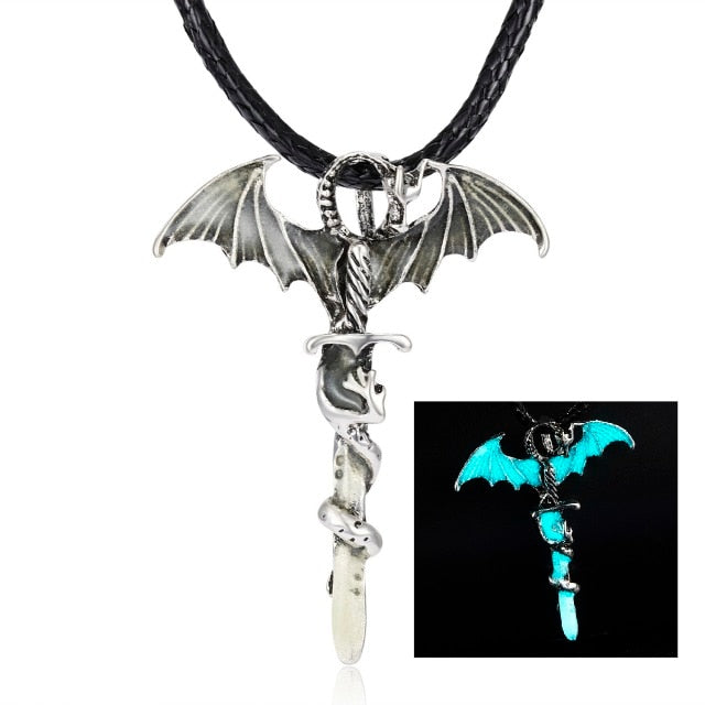 Vintage Style Magic Glowing Medieval Dragon Warrior Punk Steampunk Sorcerer Wizard Glow in the Dark Pendant Necklace