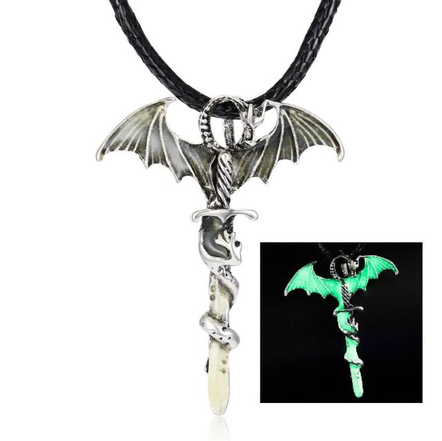 Vintage Style Magic Glowing Medieval Dragon Warrior Punk Steampunk Sorcerer Wizard Glow in the Dark Pendant Necklace