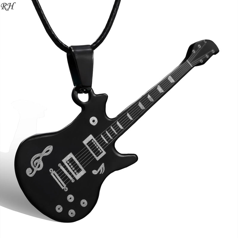 Stainless Steel Guitar Pendant Necklace Music Lover Leather chain Necklace
