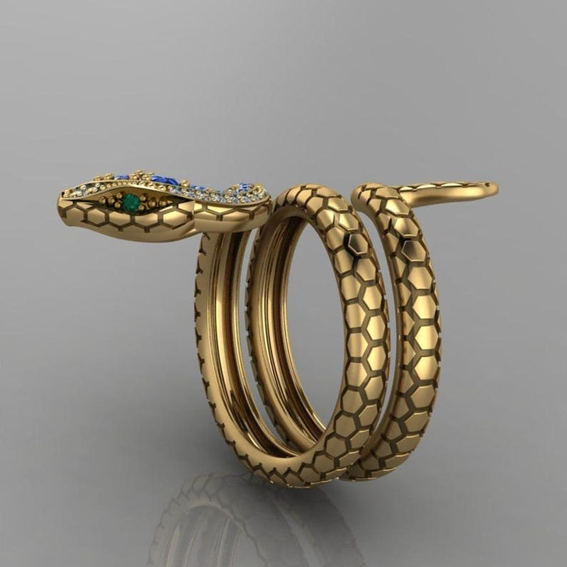Beautiful Coiled Snake Jeweled Cobra Gold Tone CZ Sone Finger Snake Cocktail Ring