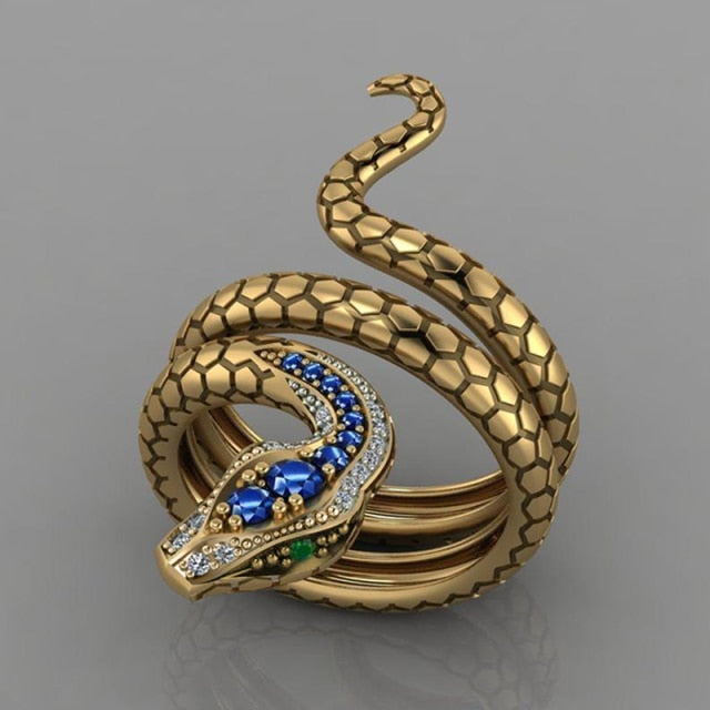 Beautiful Coiled Snake Jeweled Cobra Gold Tone CZ Sone Finger Snake Cocktail Ring
