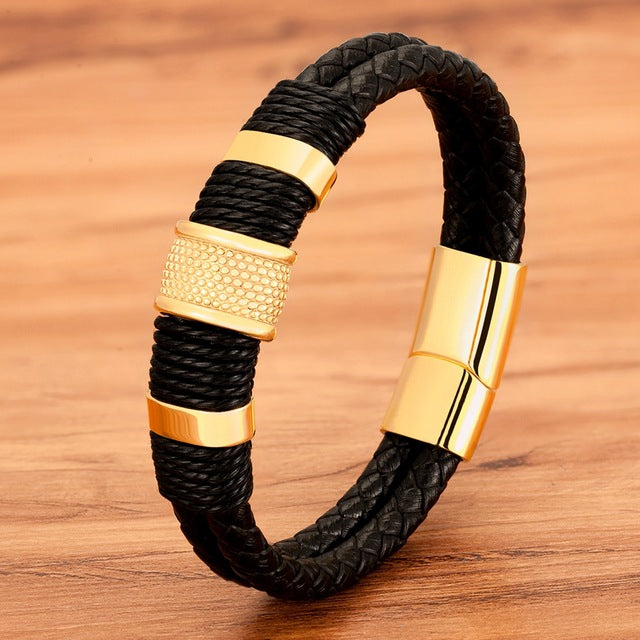 Woven Leather Rope Classic Stainless Steel Leather Double Layer Bracelet