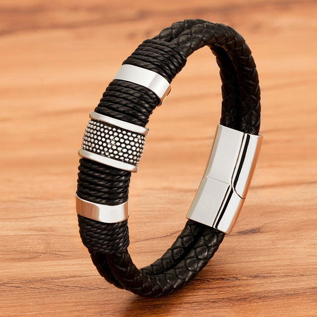 Woven Leather Rope Classic Stainless Steel Leather Double Layer Bracelet