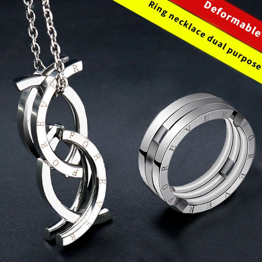 Dual Purpose Stainless Steel Forever Engraved Collapsible Band Ring Necklace Pendant