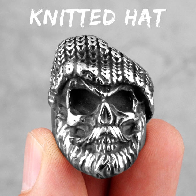 Beard Biker Bandana Knit Hat Skull Ring Stainless Steel Punk Rock Hip Hop Biker Ring