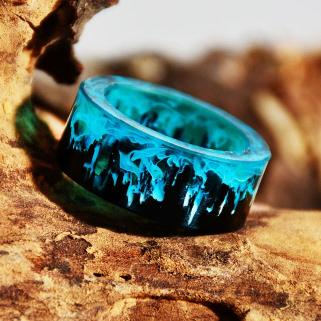 Blue Resin Nature Lover Tiny Landscape Wooded Magic Mountain Finger Ring