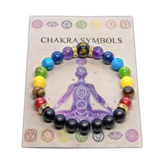 Natural Crystal Healing Chakra Anti Anxiety Yoga Meditation Bracelet with Chakra Meaning Card