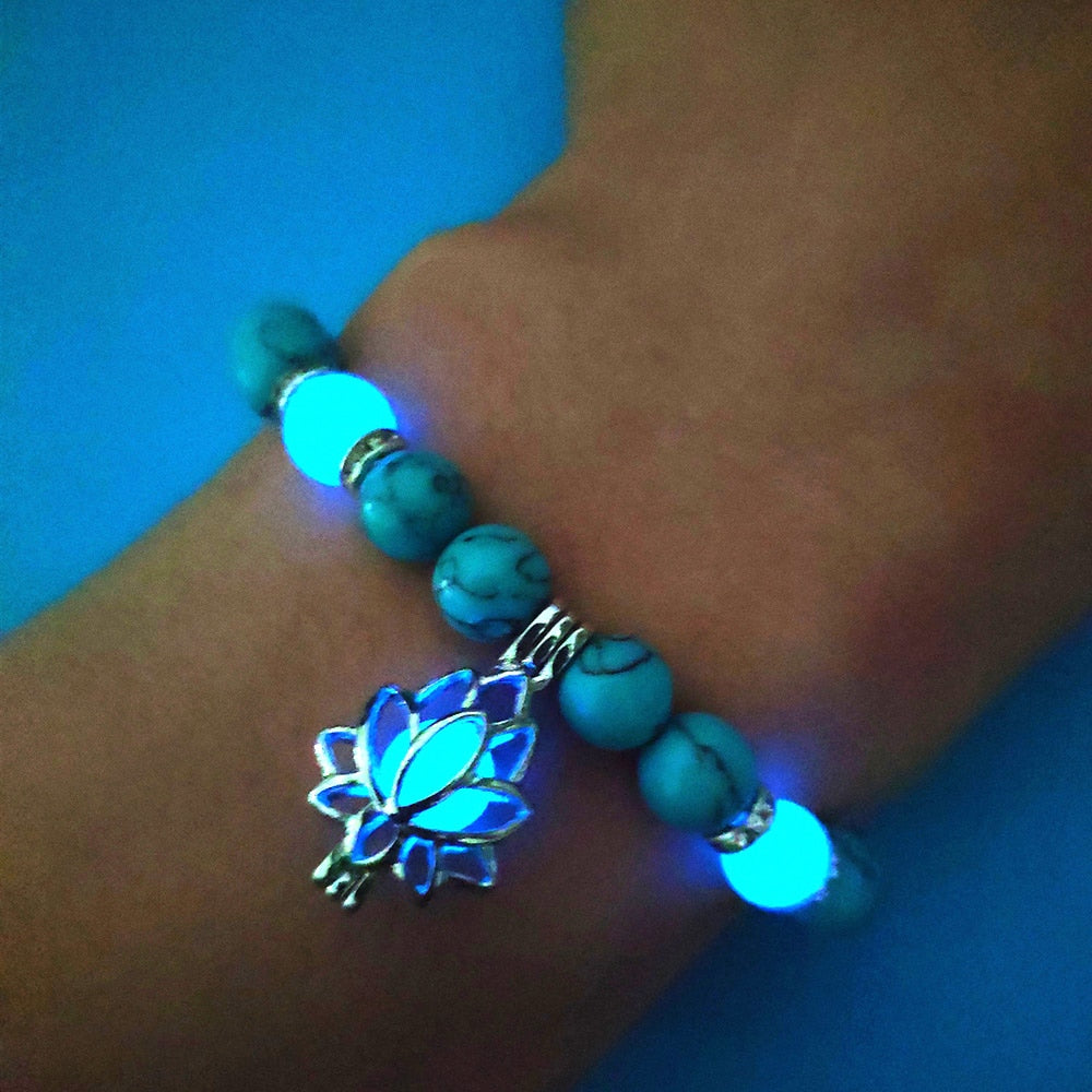 Glow in the Dark Natural Stone Yoga Healing Bracelet Luminous Lotus Buddhism Prayer Bead Bracelet