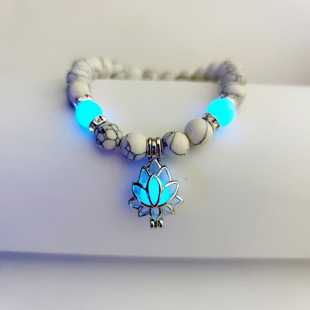 Glow in the Dark Natural Stone Yoga Healing Bracelet Luminous Lotus Buddhism Prayer Bead Bracelet