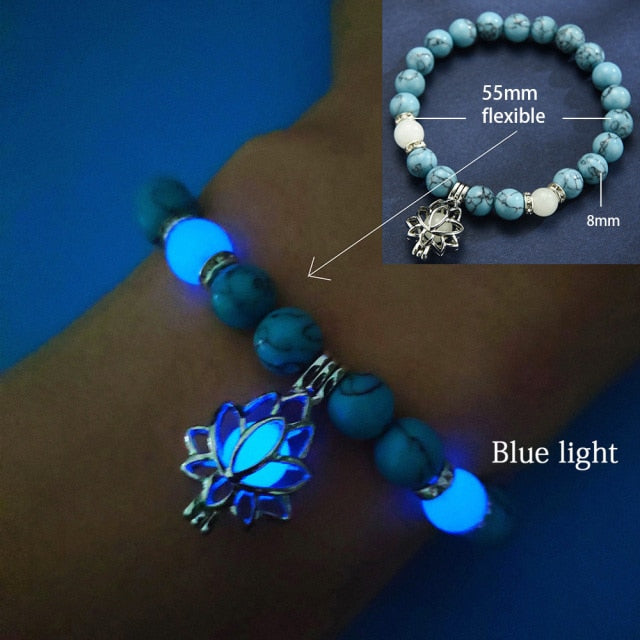 Glow in the Dark Natural Stone Yoga Healing Bracelet Luminous Lotus Buddhism Prayer Bead Bracelet