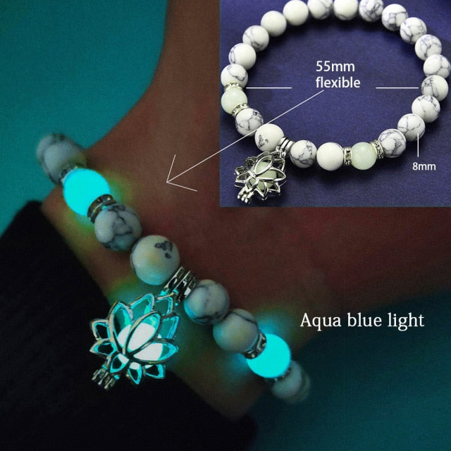 Glow in the Dark Natural Stone Yoga Healing Bracelet Luminous Lotus Buddhism Prayer Bead Bracelet