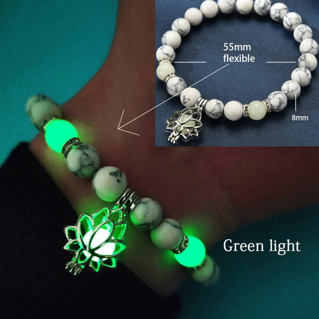 Glow in the Dark Natural Stone Yoga Healing Bracelet Luminous Lotus Buddhism Prayer Bead Bracelet