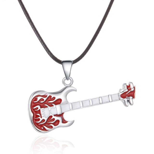Stainless Steel Guitar Pendant Necklace Music Lover Leather chain Necklace