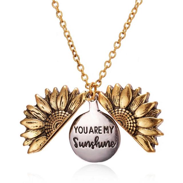 Sweet Sunflower Open Locket Engraved Flower You Are My Sunshine Pendant Locket Necklace